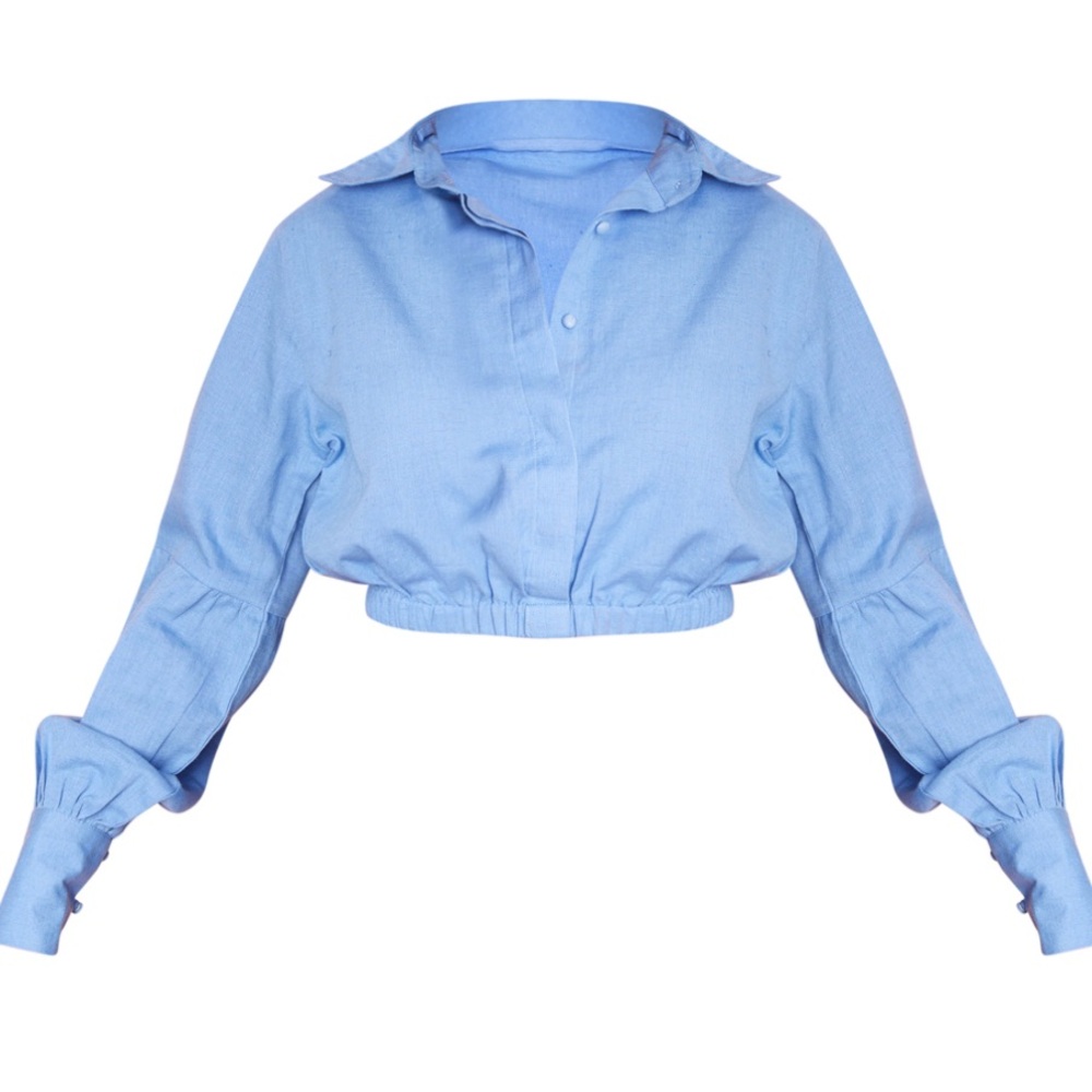 BLUE LINEN LOOK ELASTIC WAIST BUTTON UP DETAIL CROPPED SHIRT SIZE 4